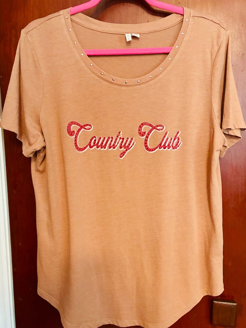 Cato Tan Short Sleeve Tee with Red Script